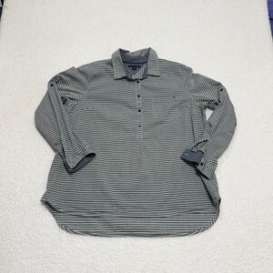 Tommy Hilfiger Womens XL Striped Roll Tab Sleeve Henley Shirt Gray White 0128092